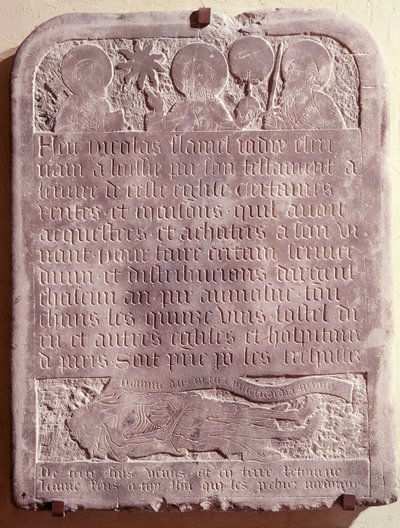 Náhrobek Nicolase Flamela, původně z kostela Saint-Jacques-de-la-Boucherie, 1418 od French School