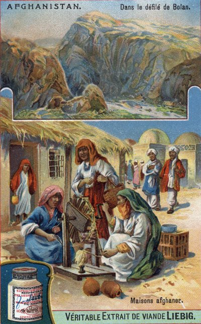 Nahoře: Bolanská přehlídka v Afghánistánu. Dole: Afghánské ženy tkající vlnu před svými domy. Chromolitografie 19. století. od French School