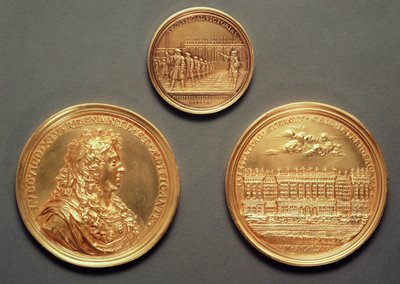 Nahoře: Recto = Les Revues, 1680 od Thomase Bernarda; Dole: verso = profil Ludvíka XIV., recto = La Kolonáda v Louvru, projekt Bernini od Jeana Warina III. (1604-72) (zlato) od French School