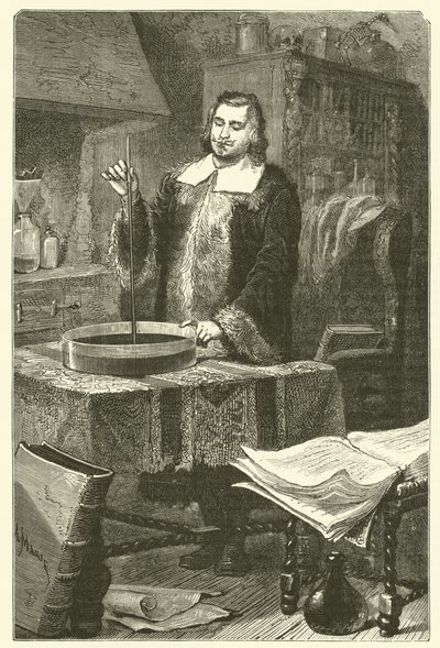 Torricelli vynalezl barometr (rytina) od French School
