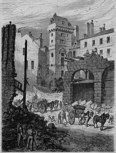 Tour Jean Sans Peur, poslední pozůstatek Hôtel de Bourgogne, během piercingu rue Etienne Marcel, Paříž. Rytina od French School