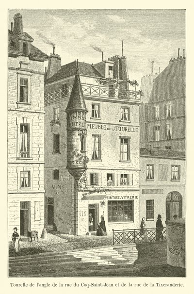 Věž na rohu rue du Coq-Saint-Jean a rue de la Tixeranderie od French School