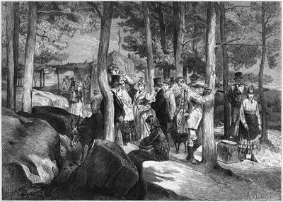 Turisté v soutěskách Apremont, poblíž vchodu do jeskyně, v lese Fontainebleau od French School