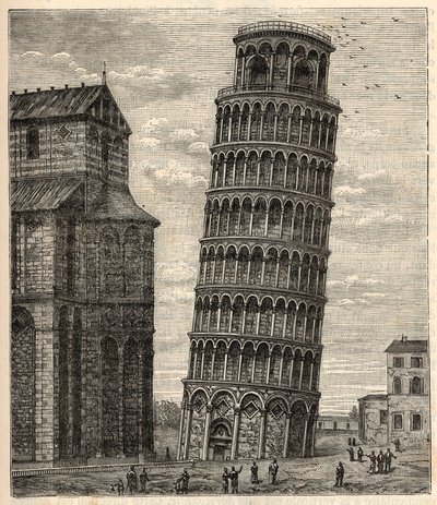 Věž v Pise - Torre di Pisa - Tour de Pisa - rytina v „“ Vědy přinesené každému - Populární fyzika a chemie“ od Alexise Clerca - Konec 19. století - Soukromá sbírka od French School