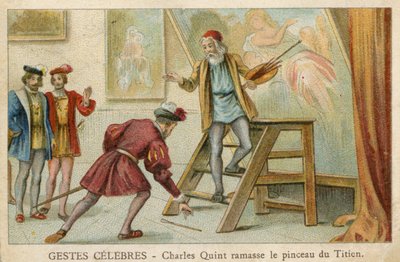 Obchodní karta zobrazující Charlese Quinta, jak zvedne štětec Tiziana (chromolitho) od French School