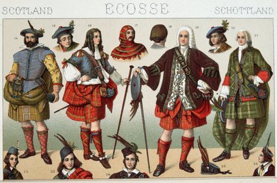 Tradiční skotské kostýmy - v ""Le Kostým historique"" od Racinet od French School
