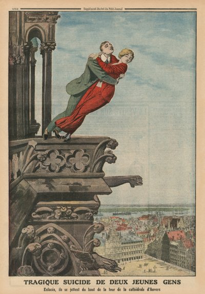 Tragická sebevražda dvou mladých lidí z věže katedrály v Antverpách, ilustrace na zadní straně obálky z 