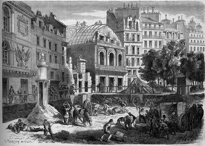 Proměny Paříže za druhé říše, Haussmann Paris: demolice divadel Chrámu pro proražení Boulevard du Prince Eugene (dnes bulvár Voltaire). Rytina v „“ Le Monde Illustré““ č. 278 z 9. srpna od French School