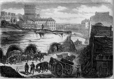 Proměny Paříže za druhé říše, Haussmann Paris: proražení bulváru du Roi de Rome (dnes avenue de Kleber). Rytina v „“ Le Monde Illustré““ č. 276 z 26. července 1862. od French School