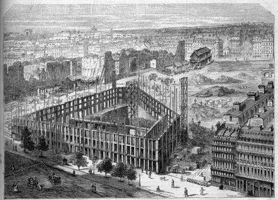 Proměny Paříže za Druhého císařství, Paris Haussmann: stavba Hotel de la Paix a pohled na umístění budoucí Opery Garnier, mezi ulicemi Neuve des Mathurins, Chaussee d
