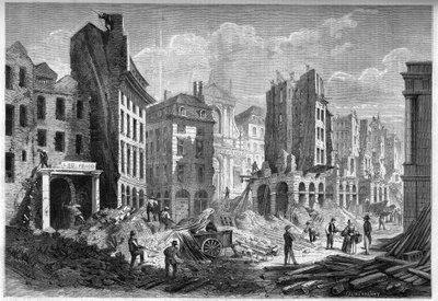 Proměny Paříže za Druhého císařství, Paris Haussmann: demolice Rue de la Barillerie pro proražení bulváru Sebastopol. Rytina v „“ Le Monde Illustré““ č. 126 z 10. září 1859. od French School