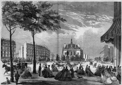Proměny Paříže za Druhého císařství, Paris Haussmann: nová radnice obvodu XI v Paříži. (Můžete vidět Voltaire Boulevard a Parmentier Avenue). Gravitace z roku 1865. od French School