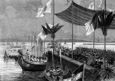 Překlad popela Luise Vaz de Camoes a Vasco de Gama, Portugalsko, 9. června 1880: štěkají v přístavu Belem ostatky básníka Luise Vaz de Camoes známého jako Camoans (1525-1580) a mořeplavce Vasco de Gama (1459-1524). Gravírování v „“ L od French School