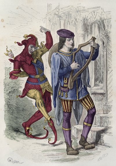 Cestující hudebník a tančící dvorní blázen (barevná rytina) od French School