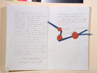Smlouva mezi Napoleonem I. (1769-1821) a císařem Františkem II. (1768-1835), podepsaná v Presburgu 26. prosince 1805 (pero a inkoust na papíře) od French School