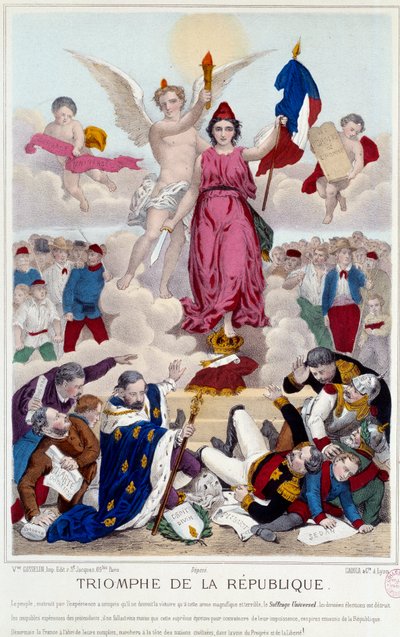Triumf republiky, rytina z roku 1875. Alegorie o všeobecném volebním právu, které ničí nepřátele republiky: "Francie je však chráněna před jejich spiknutím a kráčí v čele civilizovaných národů po cestě pokroku a svobody". od French School