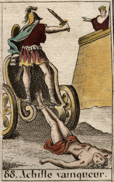 Trojská válka: Triumfální Achilles vleče Hektorovo bezvládné tělo před Brány Tróje. Z „Mytologie mládí“ od Pierra Blancharda 1803. od French School
