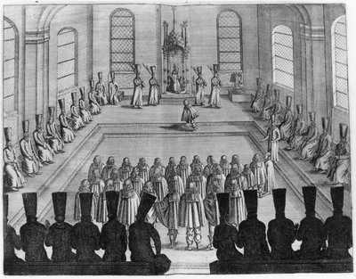 Car Alexej I. Michajlovič (1629-76) přijímá velvyslanectví ze Západu ze svazku I Cesty tres-curieux et tres-renommez fait en Muscovie, Tartarie et Perse od Adama Olearia, přeložil Wicq od French School