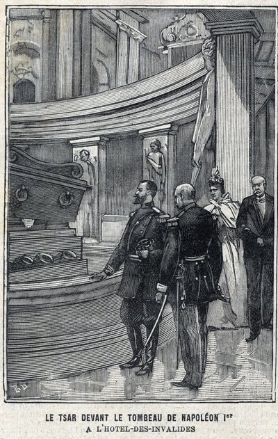 Ruský car Mikuláš II. (1868-1918) a carevna Alexandra Fiodorovna Romanova (1872-1918) před hrobkou Napoleona I. Bonaparta v hotelu des Invalides v Paříži, v „Le Petit Parisien““ od French School