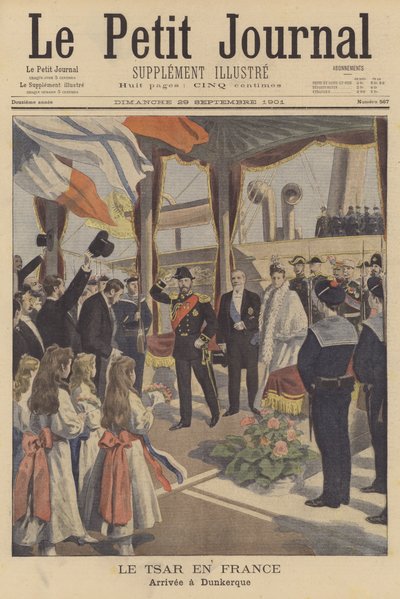Car Nicholas II z Ruska přijíždějící do Dunkerque na jeho návštěvě ve Francii (barva litho) od French School