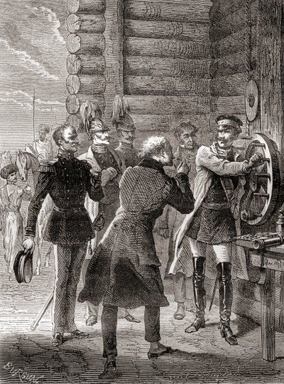 Car Nicholas I. slavnostně otevřel semaforovou telegrafní linku mezi Moskvou a Varšavou v roce 1833, za použití modifikace semaforového systému Clauda Chappeho, z Les Merveilles de la Science, publikované kolem roku 1870 (rytina) od French School