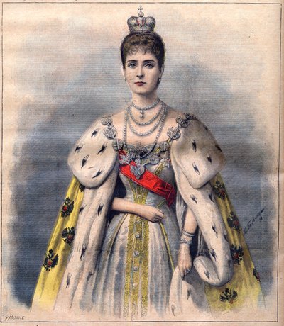Carina Alexandra Ruska ve svém korunovačním rouchu - carevna Alexandra Fiodorovna v kostýmu posvátna. Ilustrace pro Le Petit Journal, 24. května 1896 (rytina) od French School