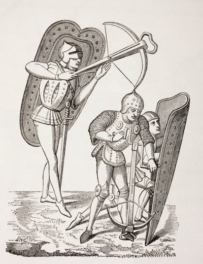 Dva francouzští střelci z kuší z 15. století, jeden střílí ze zbraně a druhý ji nabíjí rumpálem, oba chráněni pavisy, z „Les Arts au Moyen Age“, vydaného v roce 1873 od French School