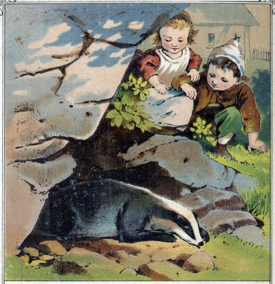 Dvě děti pozorují jezevce v jeho noře. Chromolitografie z "" Childhood Scenes"" ed. Guerin - Muller kolem roku 1885. od French School