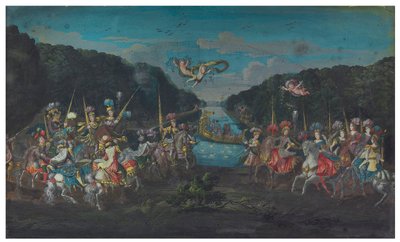 Dva vějířové listy: Pompézní kolotoč galantních Amazonek ze čtyř světových stran; a Procesí opouštějící chrám doprovázené putti, druhá polovina 17. století (kvaš na papíře) od French School