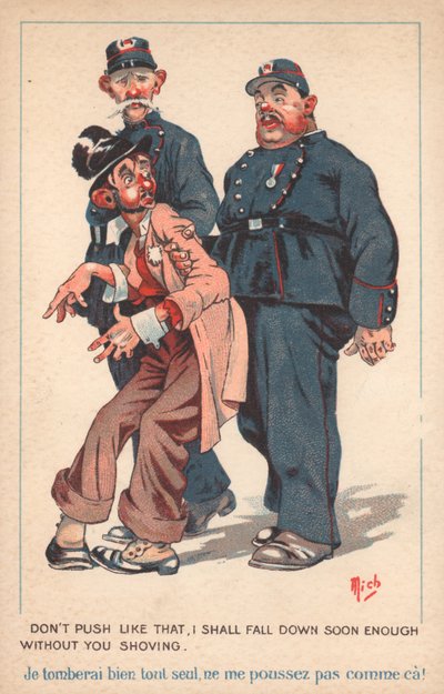 Dva policisté doprovázející opilého muže (barevná litografie) od French School