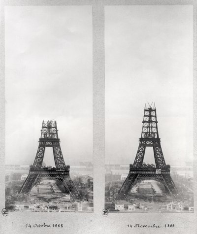 Dva pohledy na stavbu Eiffelovy věže, Paříž, 14. října a 14. listopadu 1888 od French School