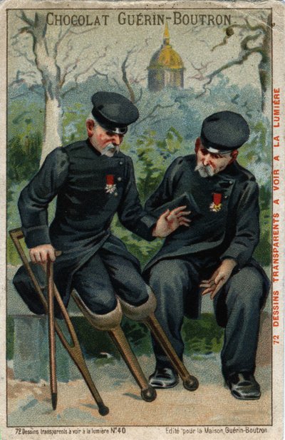Dva váleční invalidé: zadek mluví s tučňákem. Chromolitografie 19. století. od French School