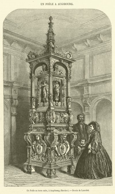 Terakotová kamna, v Augsburgu, Bavorsko (rytina) od French School