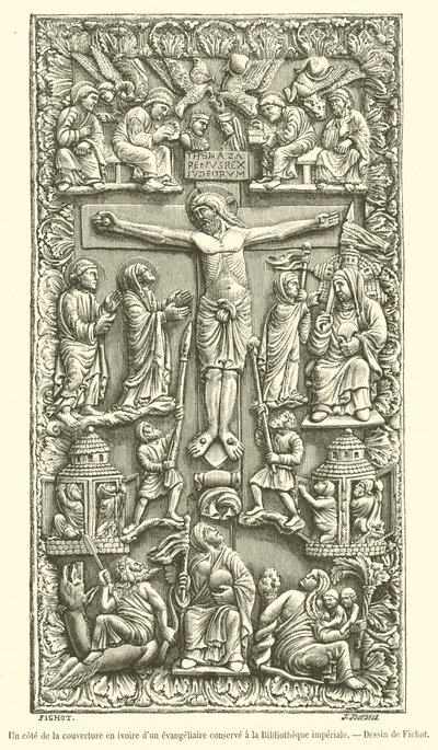 Jedna strana slonovinové desky evangeliáře zachované v Císařské knihovně (rytina) od French School