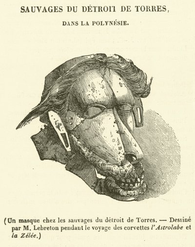 Maska mezi divochy v Torresově průlivu (rytina) od French School