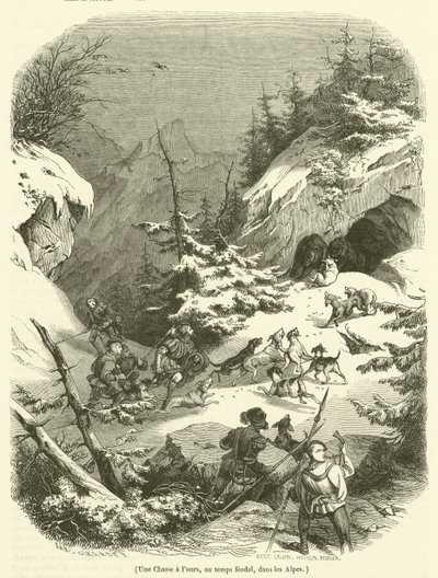 Lov na medvědy, ve feudálních dobách, v Alpách (rytina) od French School