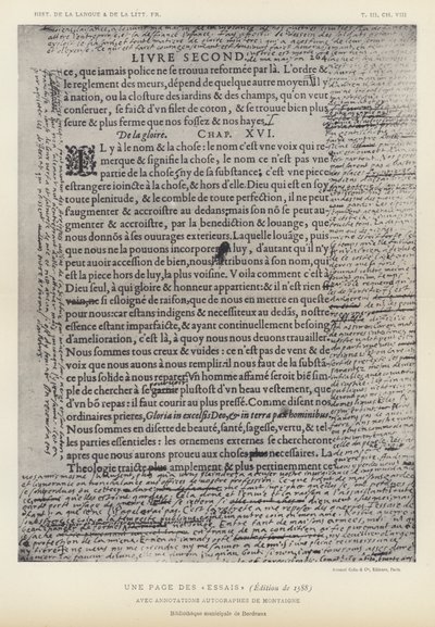Stránka z esejí, edice z roku 1588, s autogramovými anotacemi od Montaigne (litho) od French School