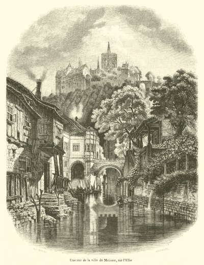 Ulice ve městě Míšeň, na Labi (rytina) od French School