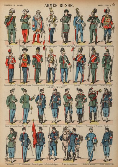 Uniformy ruské a švýcarské armády (barevná rytina) od French School