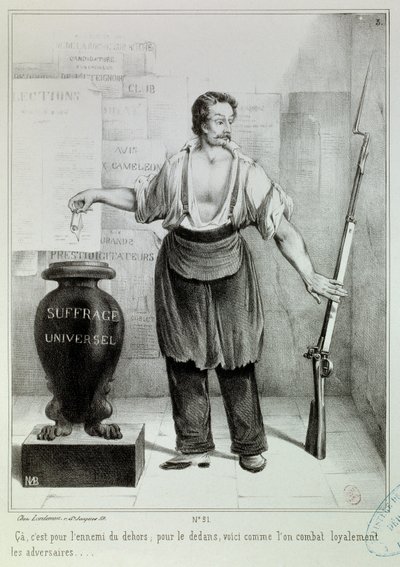 Všeobecné volební právo „“hlas nebo puška““ Hlas musí bojovat s nepřítelem místo pušky. Rytina M.L. Bosredon, duben 1848. Paříž, Musee Carnavalet od French School