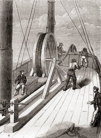 Odvíjení podmořského kabelu Dover do Calais na palubě Blazeru, 25. prosince 1851, z Les Merveilles de la Science, vydáno kolem roku 1870 (rytina) od French School