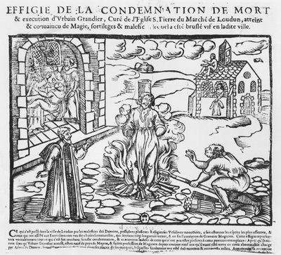 Urbain Grandier upálený na hranici po událostech v Loudunu, 1634 (dřevoryt) od French School
