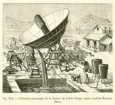 Mechanické využití slunečního tepla, solární čerpadlo, systém Mouchot-Pifre (rytina) od French School
