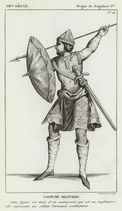 VII. století, vláda Dagoberta I., Vojenský kostým (rytina) od French School