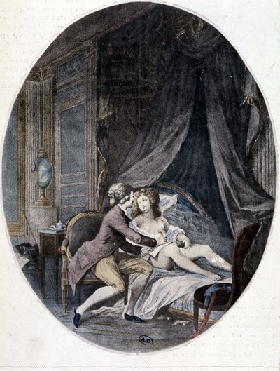 Valmont píše dopis na Emiliino stehno – v „“Dangerous Liaisons”” od Choderlose de Laclose od French School