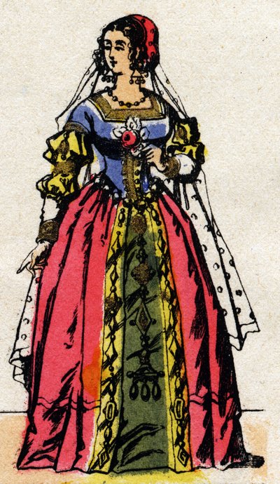 Dynastie Valois: Portrét Eleonory Habsburské neboli Rakouské (1498-1558) královna Francie, manželka Františka I. (1494-1547). Epinal zobrazování z konce 19. století. Soukromá sbírka. od French School