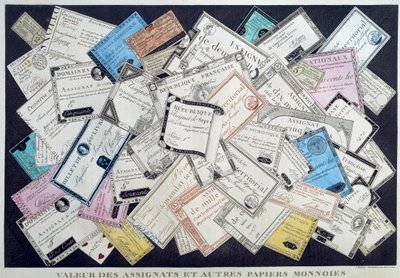 Hodnota asignátů a dalších papírových mincí během francouzské revoluce. 18. století. Musee Carnavalet, Paříž - hodnota asignátů a jiných měnových dokladů za anglické revoluce. Rytina od French School