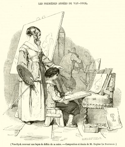 Van-Dyck dostává lekci kreslení od své matky (rytina) od French School