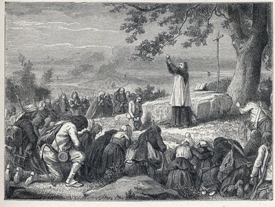 Vendee Wars (1793-1796): Kněžské vložky celebrující mši pod dubem pro povstalecké obyvatelstvo, které odmítá přísežné kněze. Rytina z roku 1889. Soukromá sbírka. od French School