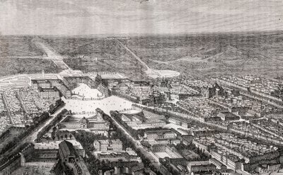 Versailles se svým zámkem v 19. století - rytina „La France illustree: geografie, historie, statistická správa“ od V.A. Sladově hnědá. 1884 od French School